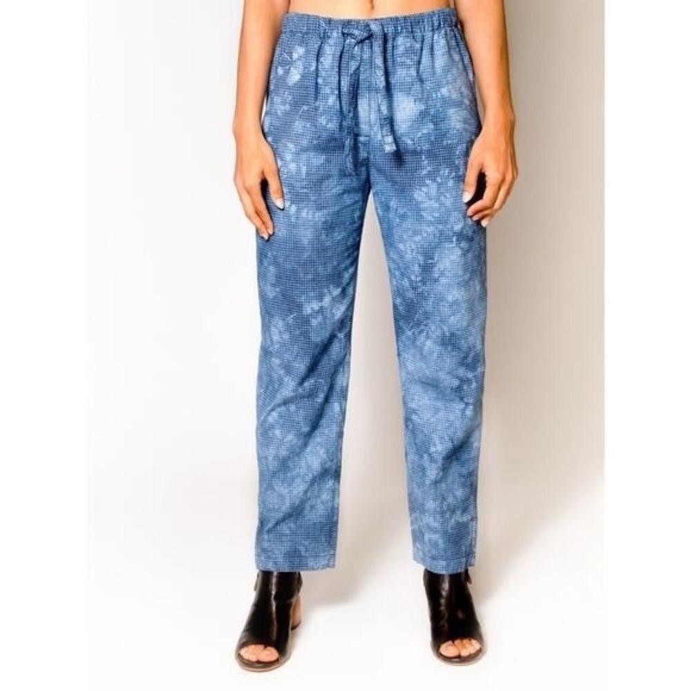 Raquel Allegra Blue Tie Dye Grid Drawstring Trousers Straight Leg Pants Size S/1